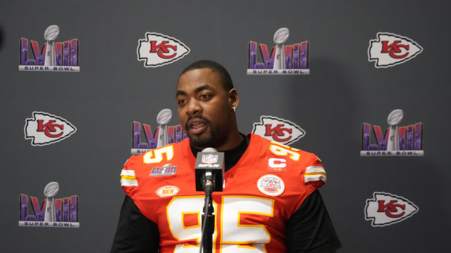Feb 6, 2024; Las Vegas, NV, USA; Kansas City Chiefs defensive tackle Chris Jones (95) during a press conference before Super Bowl LVIII at Westin Lake Las Vegas Resort and Spa. Mandatory Credit: Kirby Lee-USA TODAY Sports  